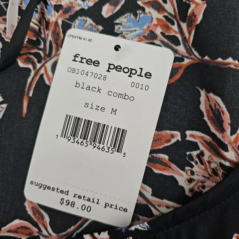 FREE PEOPLE Santiago Blouse Black Floral Long Sleeve Scoop Neck Smock Top